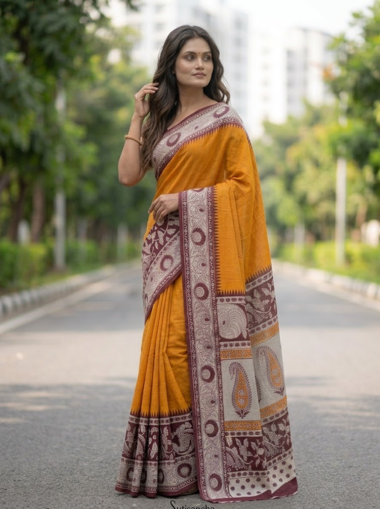 Cleodiva aura - Cotton Orange with Maroon Saree floral print.