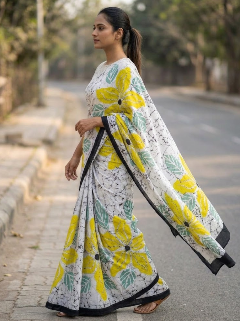 Cleodiva softweaven -Yellow with White floral print Malmal cotton saree