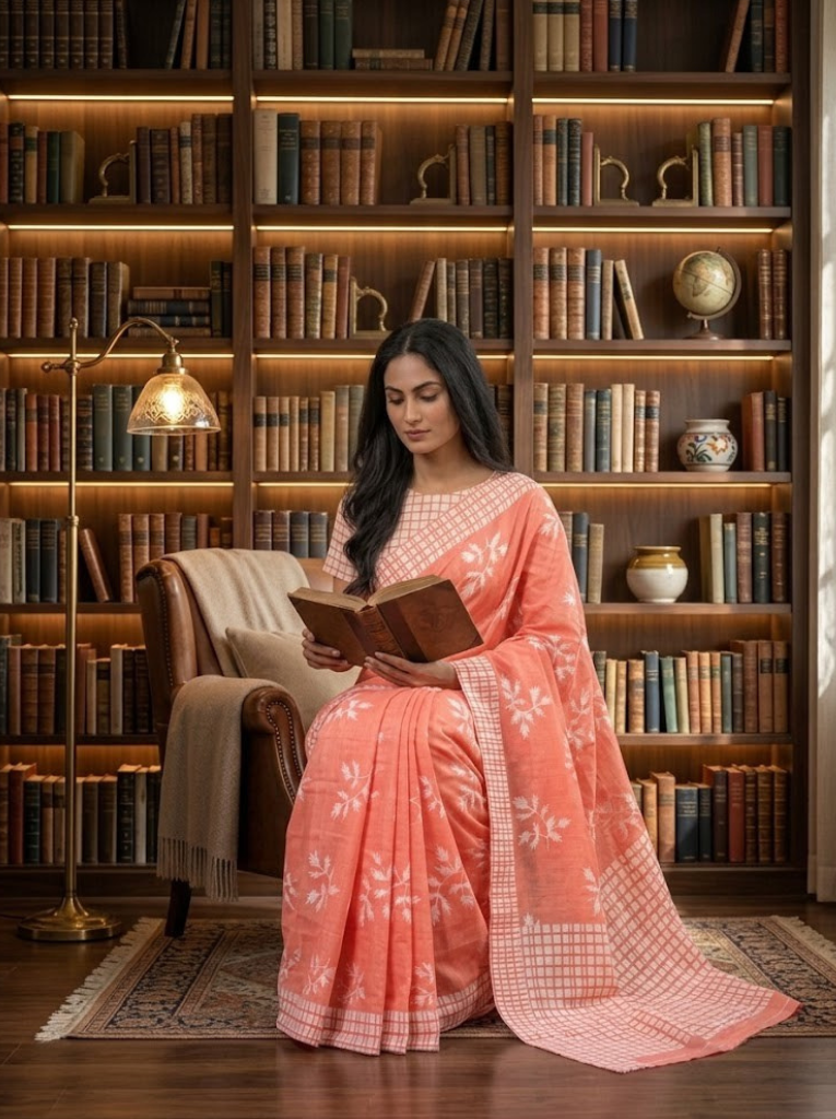 Cleodiva Grace – cotton orange with white Malmal Cotton Saree with White Floral Border