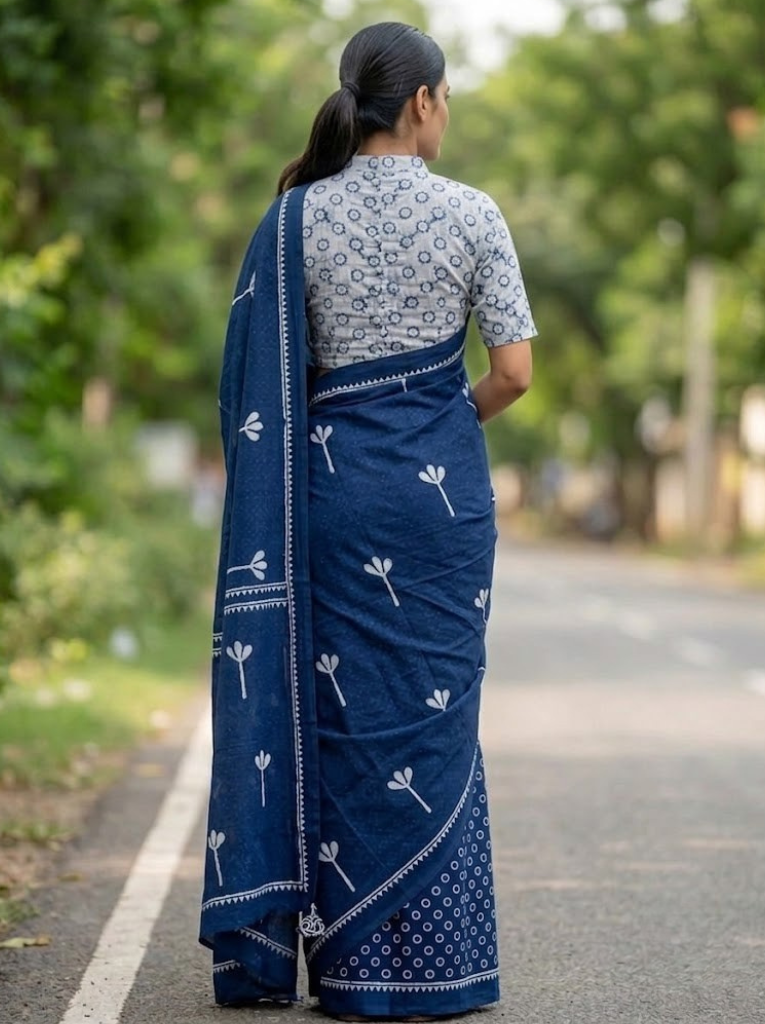 Cleodiva elegant - Cotton Blue with White Flower Saree
