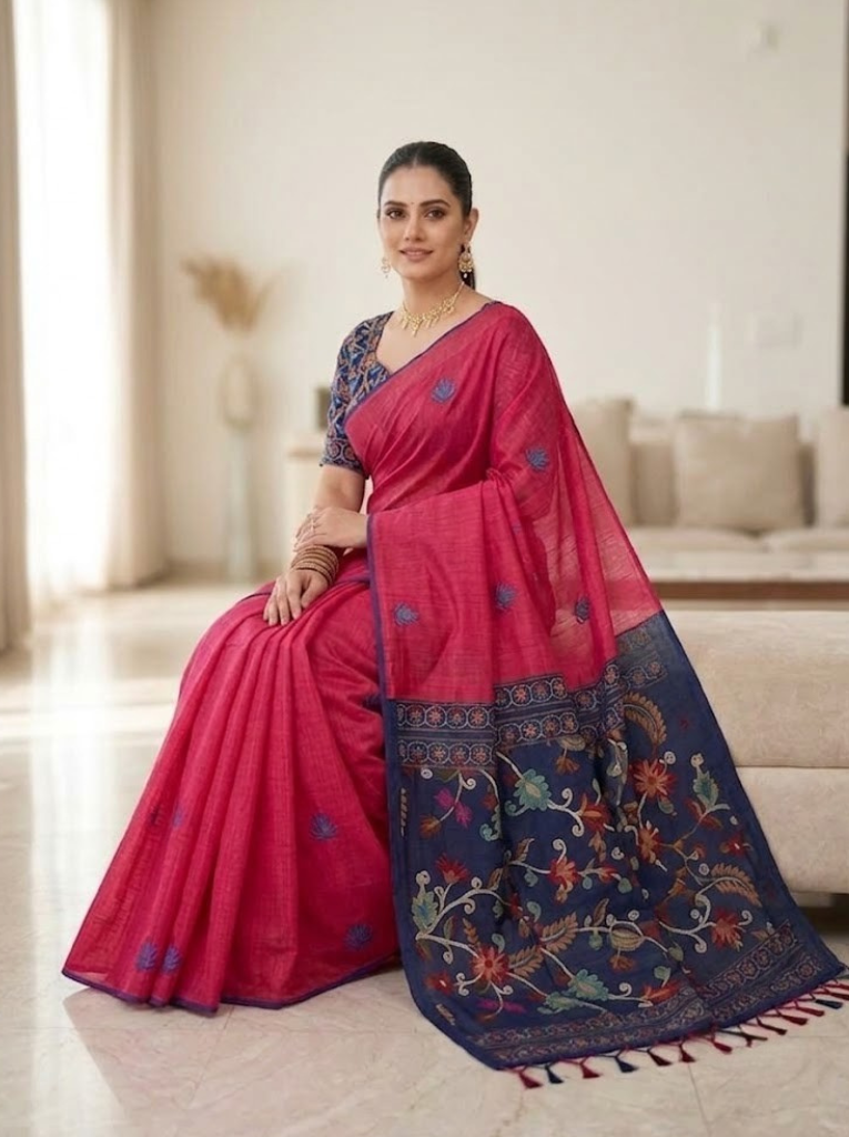 Linen Cotton Saree – Pink with Dark Blue