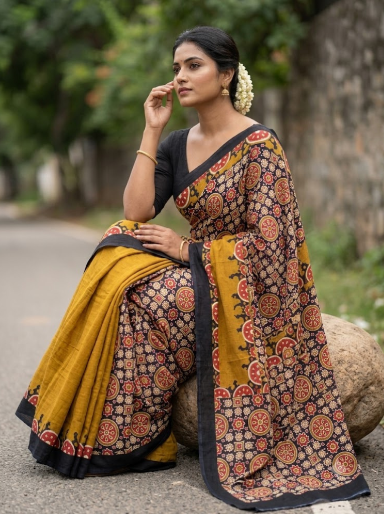 Cleodiva premium- Cotton Mustard Yellow Saree with abstract print