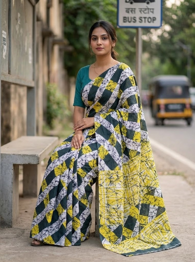 Cleodiva harmony - Diamond Pattern Yellow Malmal cotton Saree