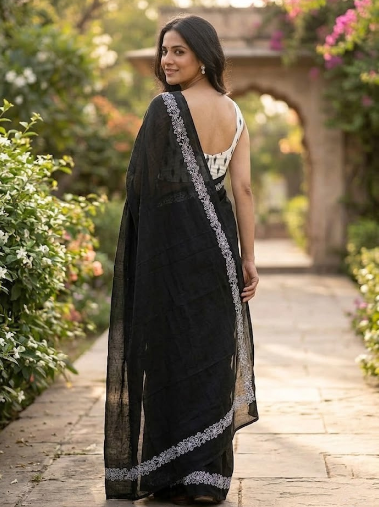 Cleodiva comfort - White Flower Border Black malmal cotton Saree.