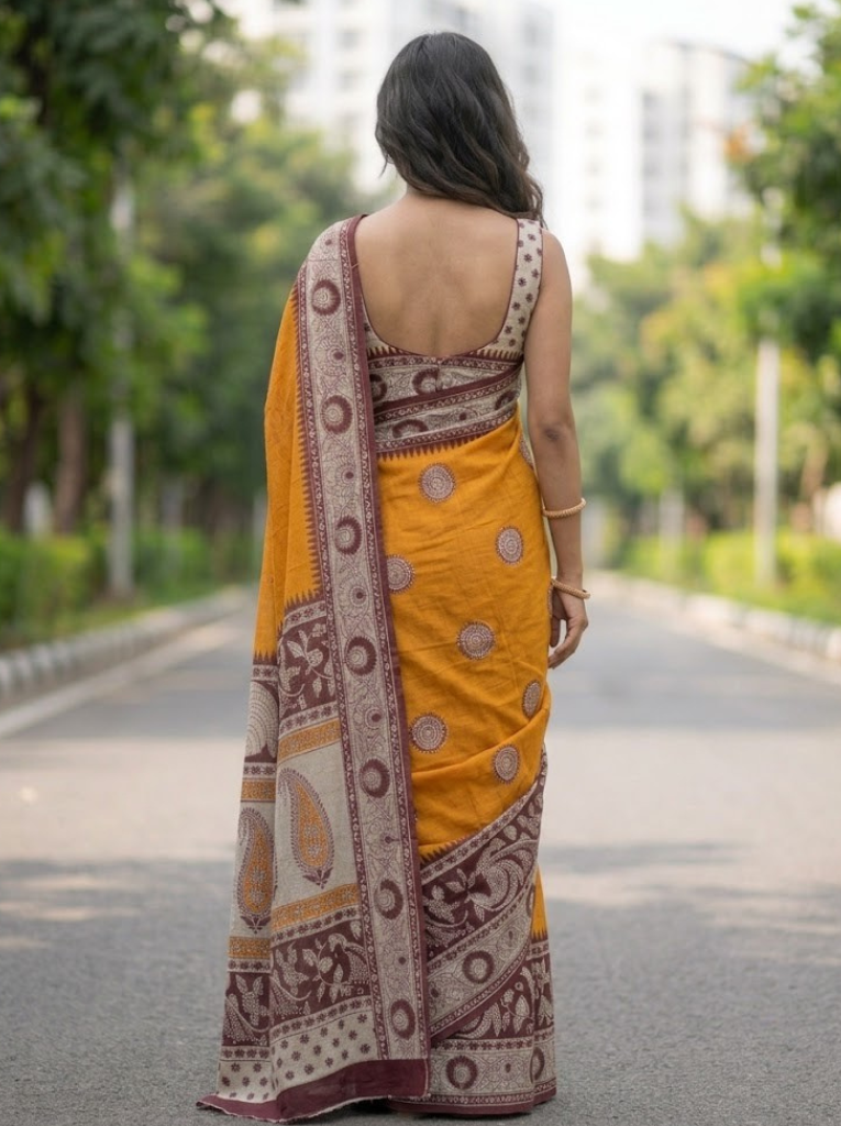 Cleodiva aura - Cotton Orange with Maroon Saree floral print.