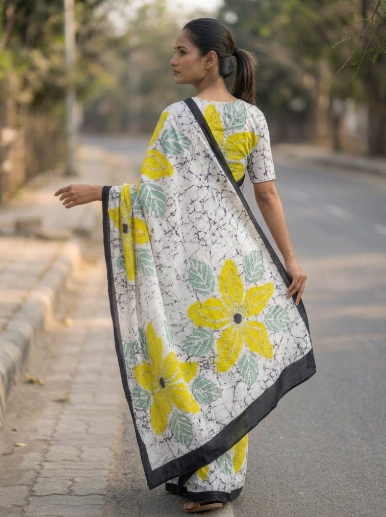 Cleodiva softweaven -Yellow with White floral print Malmal cotton saree