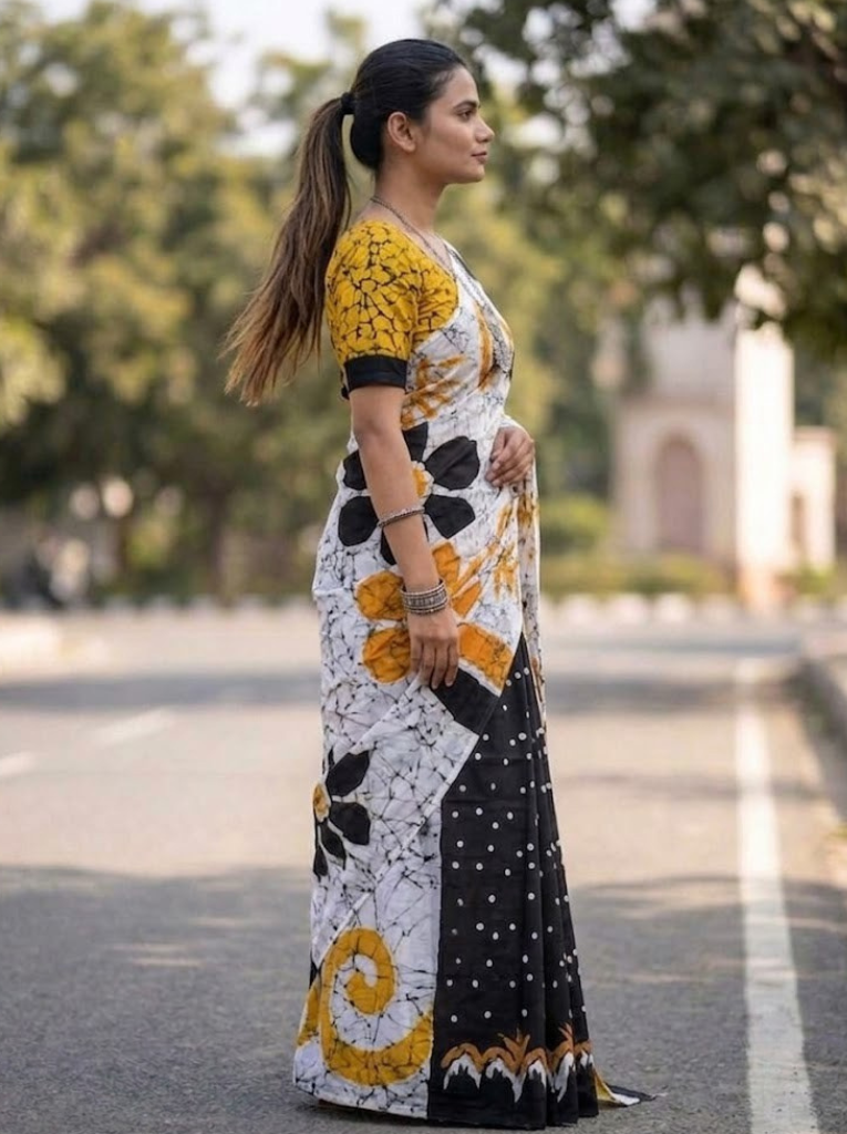 Cleodiva elegance - Yellow with White & Black with abstract print Malmal cotton saree