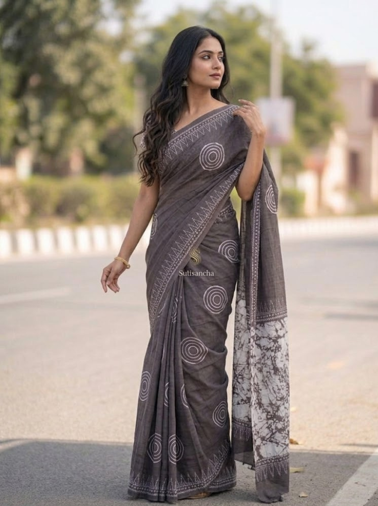 Cleodiva comfort - Ash Mamal cotton saree with white hand block print .