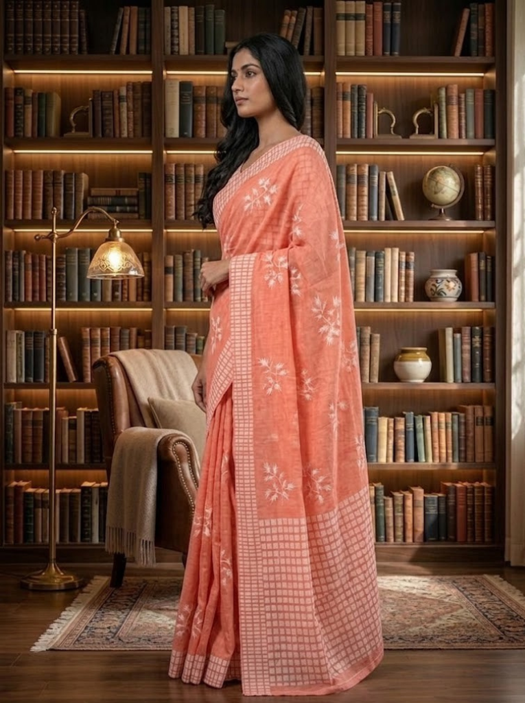 Cleodiva Grace – cotton orange with white Malmal Cotton Saree with White Floral Border