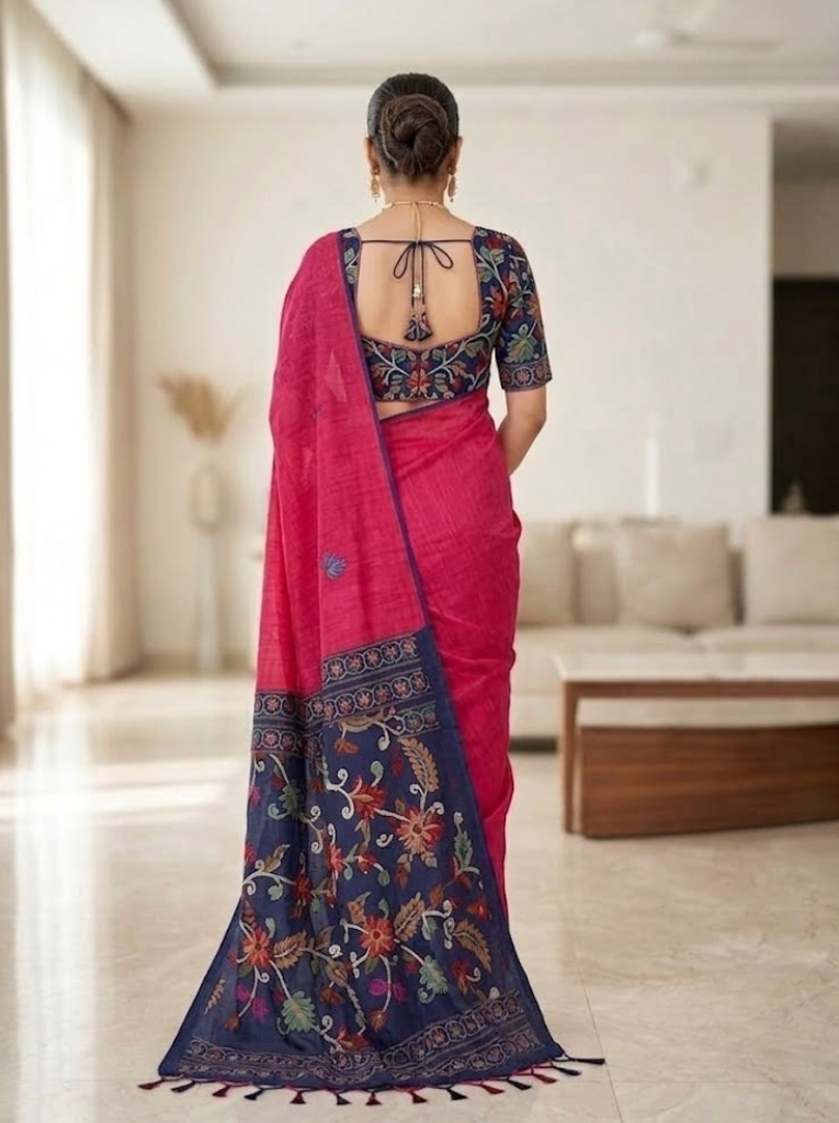 Linen Cotton Saree – Pink with Dark Blue