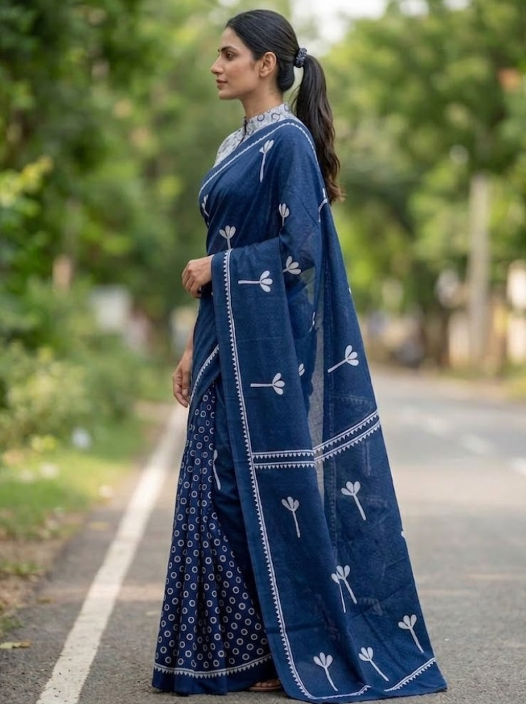 Cleodiva elegant - Cotton Blue with White Flower Saree