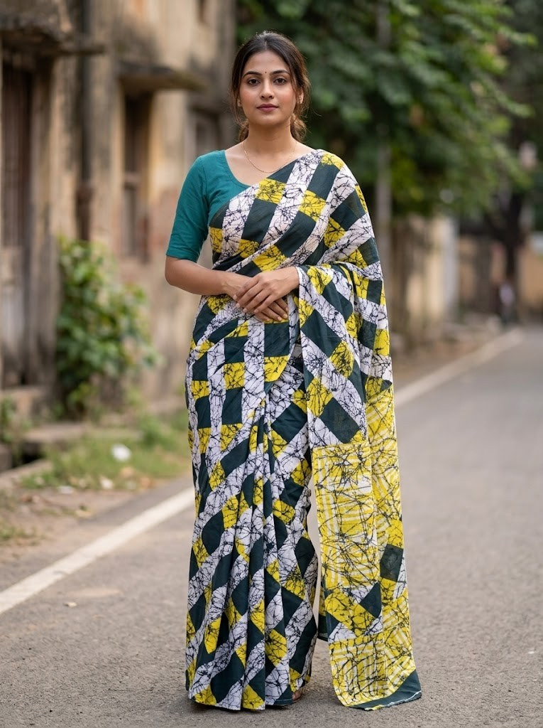 Cleodiva harmony - Diamond Pattern Yellow Malmal cotton Saree