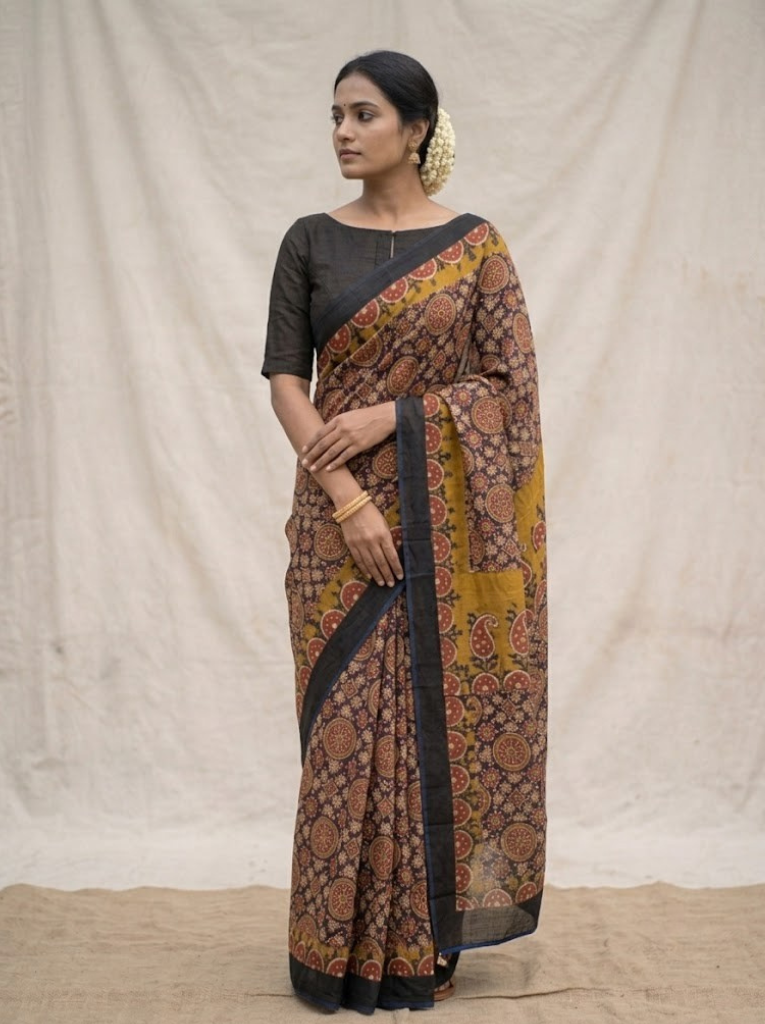 Cleodiva premium- Cotton Mustard Yellow Saree with abstract print
