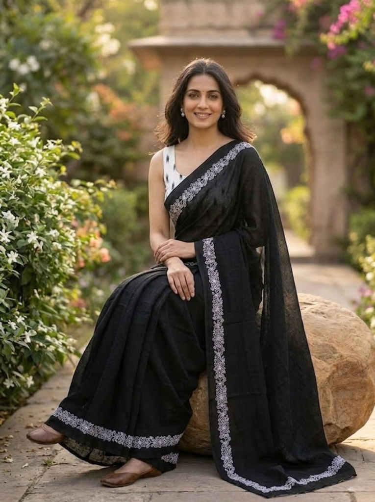 Cleodiva comfort - White Flower Border Black malmal cotton Saree.