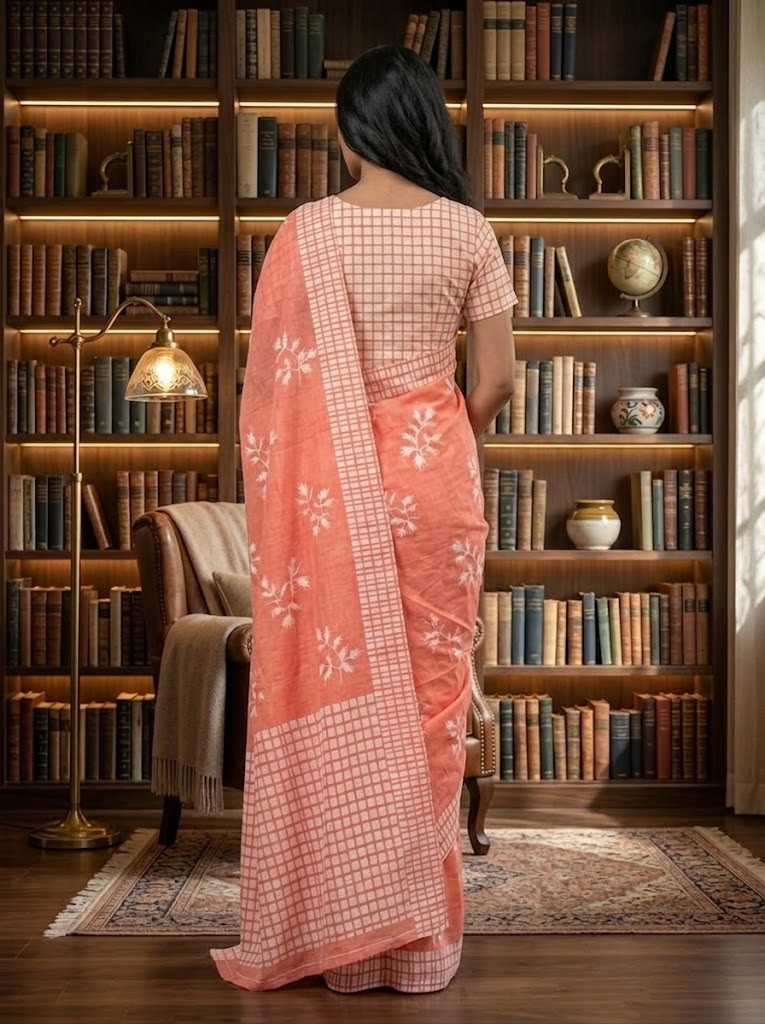 Cleodiva Grace – cotton orange with white Malmal Cotton Saree with White Floral Border