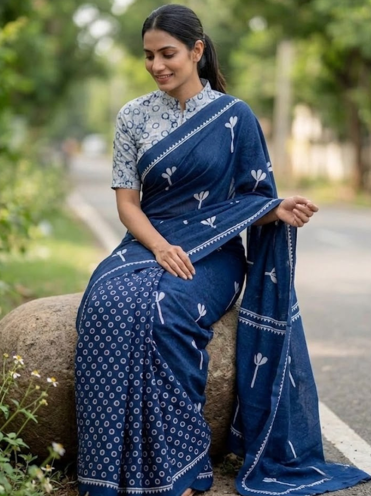 Cleodiva elegant - Cotton Blue with White Flower Saree