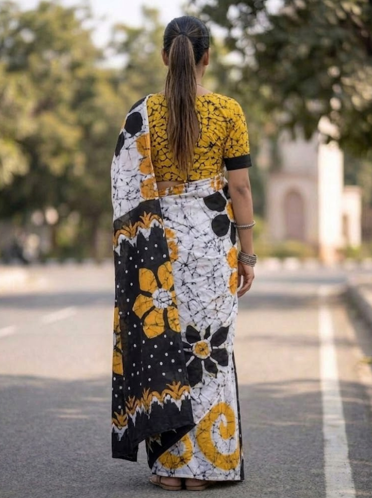 Cleodiva elegance - Yellow with White & Black with abstract print Malmal cotton saree