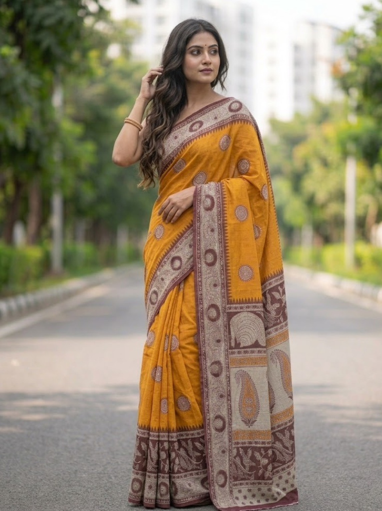 Cleodiva aura - Cotton Orange with Maroon Saree floral print.
