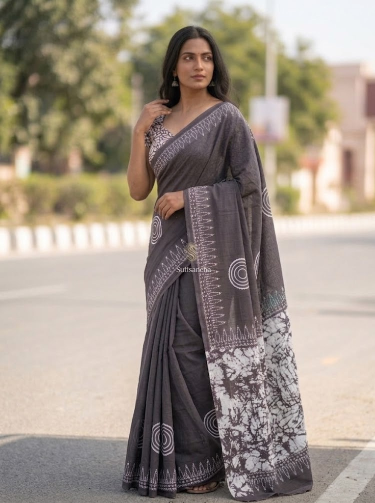 Cleodiva comfort - Ash Mamal cotton saree with white hand block print .