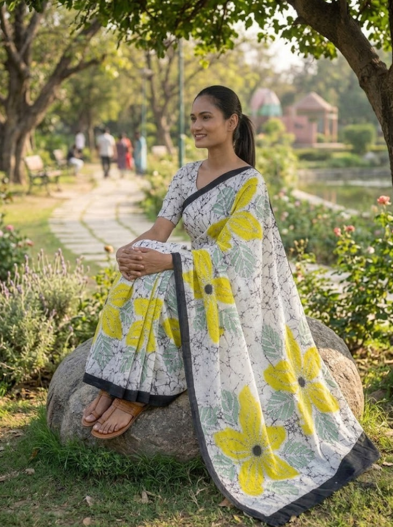 Cleodiva softweaven -Yellow with White floral print Malmal cotton saree