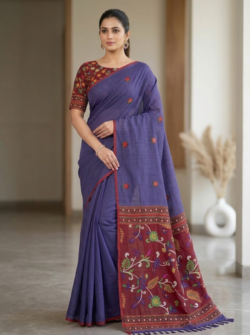 Linen Cotton Saree – Purple with Maroon