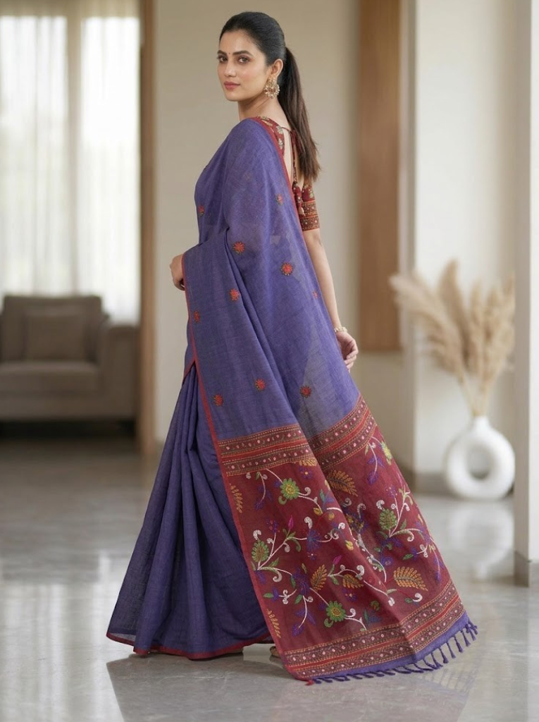 Linen Cotton Saree – Purple with Maroon