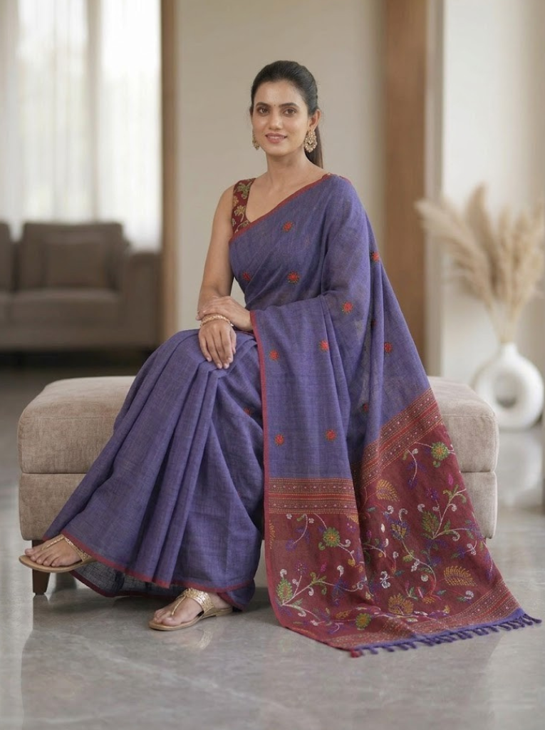 Linen Cotton Saree – Purple with Maroon