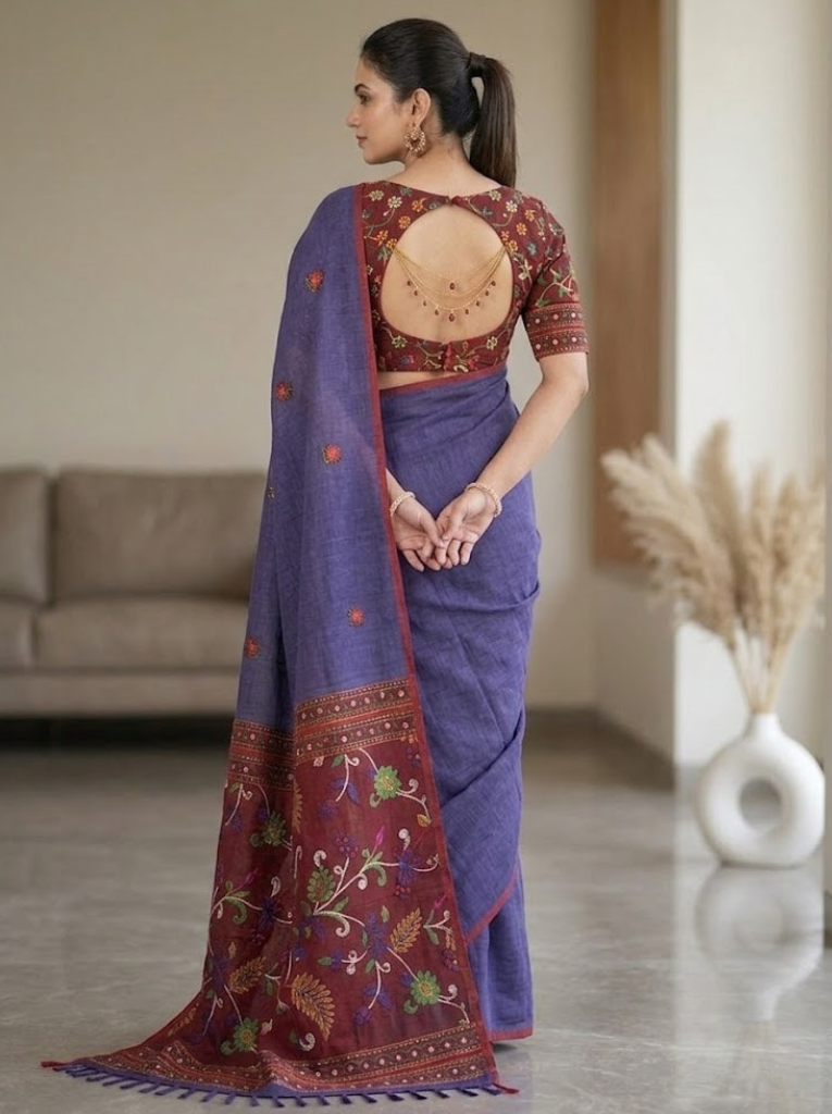 Linen Cotton Saree – Purple with Maroon