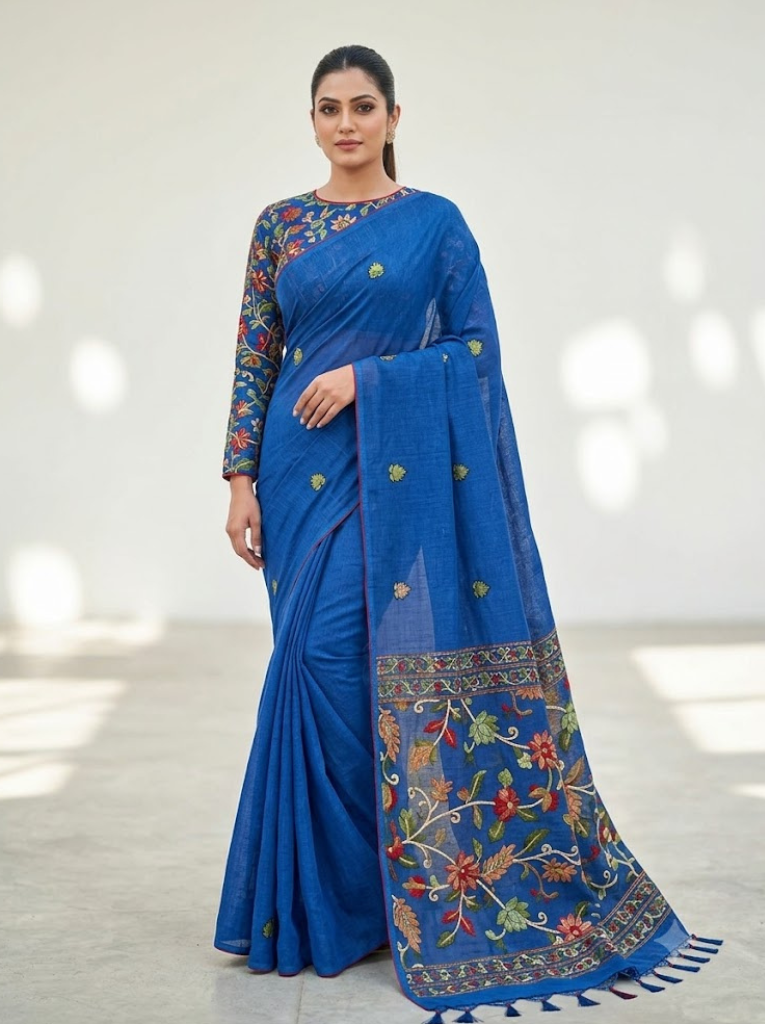 Linen Cotton Saree – Blue with Flower Pattern
