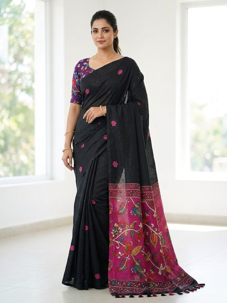 Linen Cotton Saree – Black with Pink