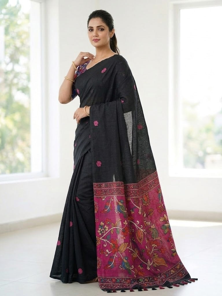 Linen Cotton Saree – Black with Pink