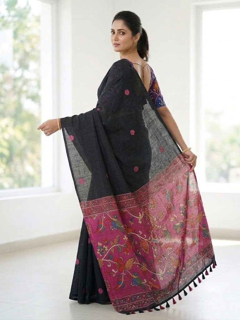Linen Cotton Saree – Black with Pink