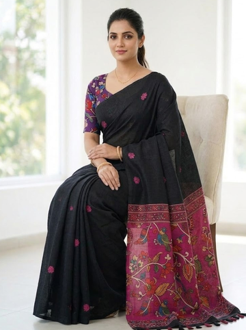 Linen Cotton Saree – Black with Pink