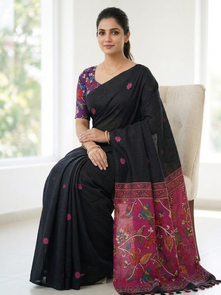 Linen Cotton Saree – Black with Pink