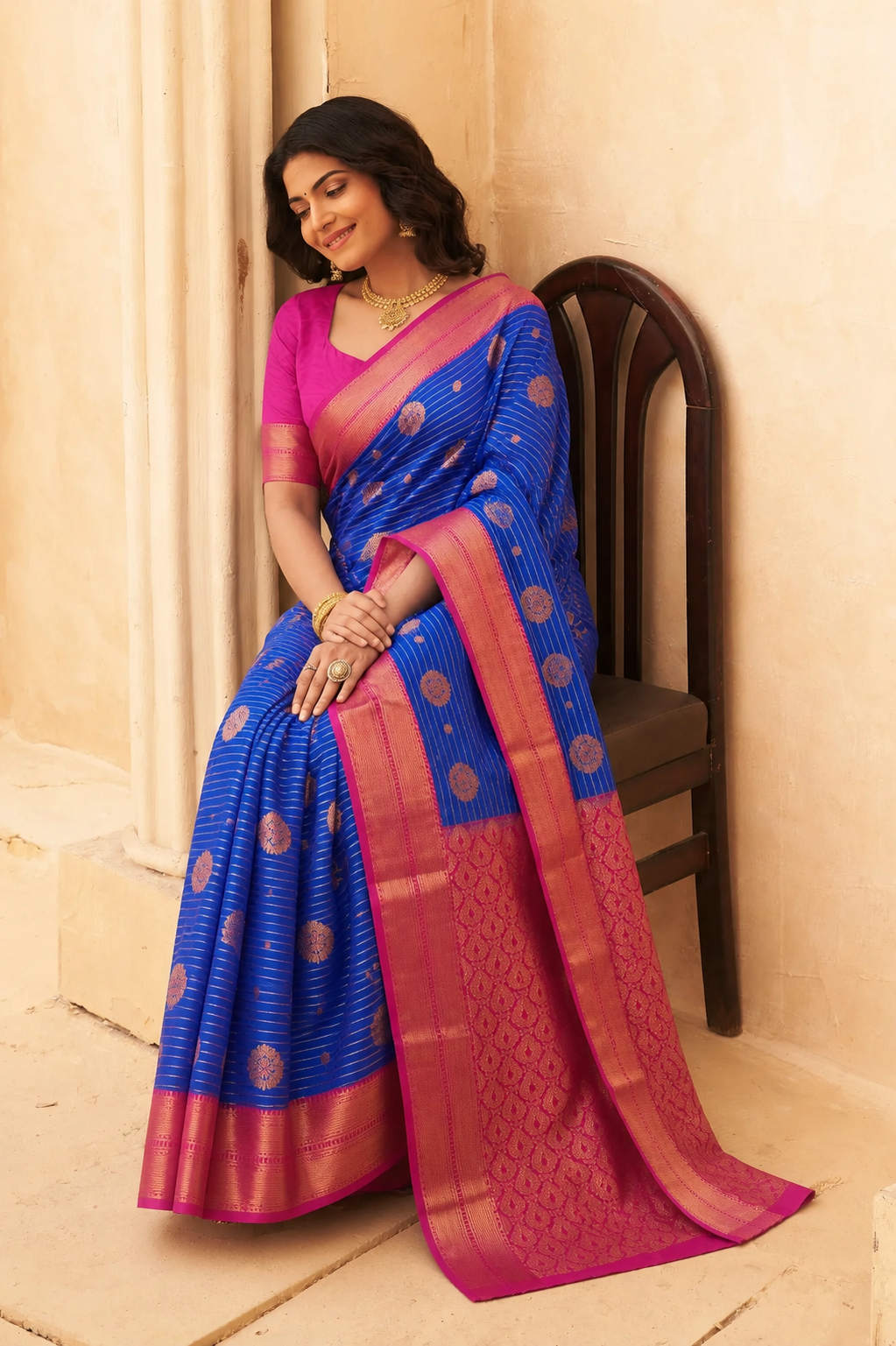 Premium Vairavosi Royal Blue with Pink Saree